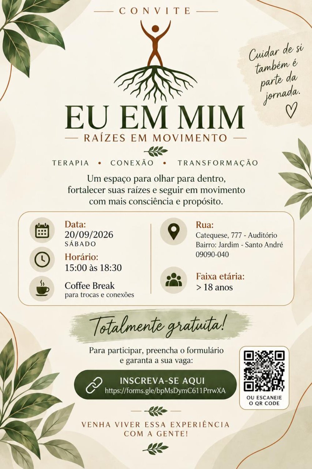 Convite da vivência Eu em Mim — Raízes em Movimento