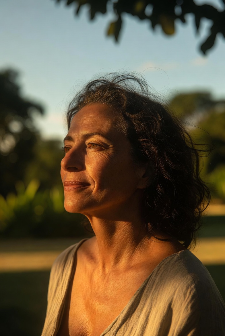 Mulher olhando para o horizonte ao entardecer — crise existencial e identidade