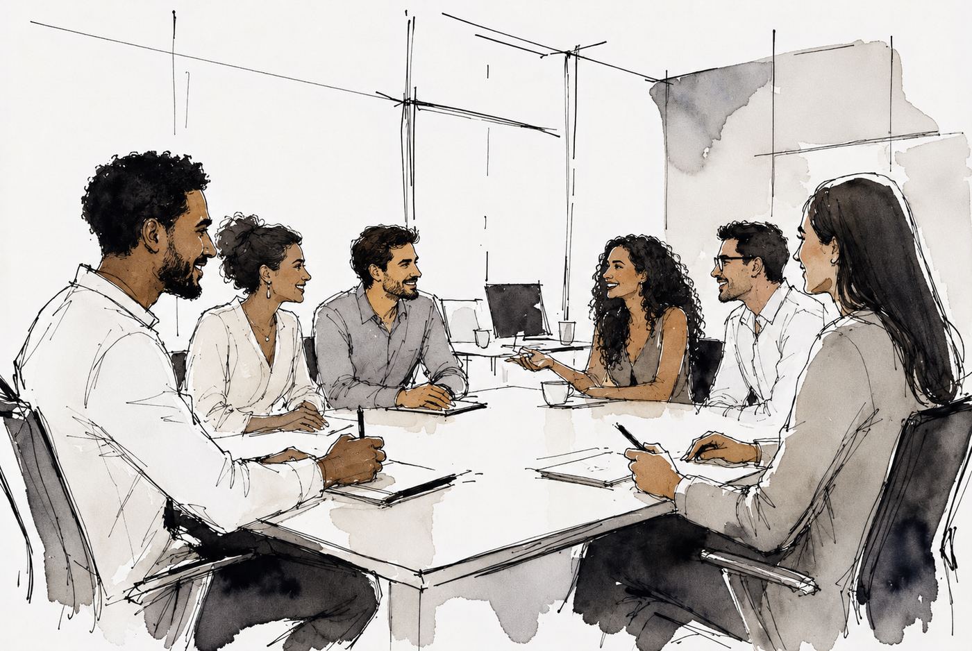 Ilustração de equipe em reunião colaborativa — Constelação Sistêmica Empresarial
