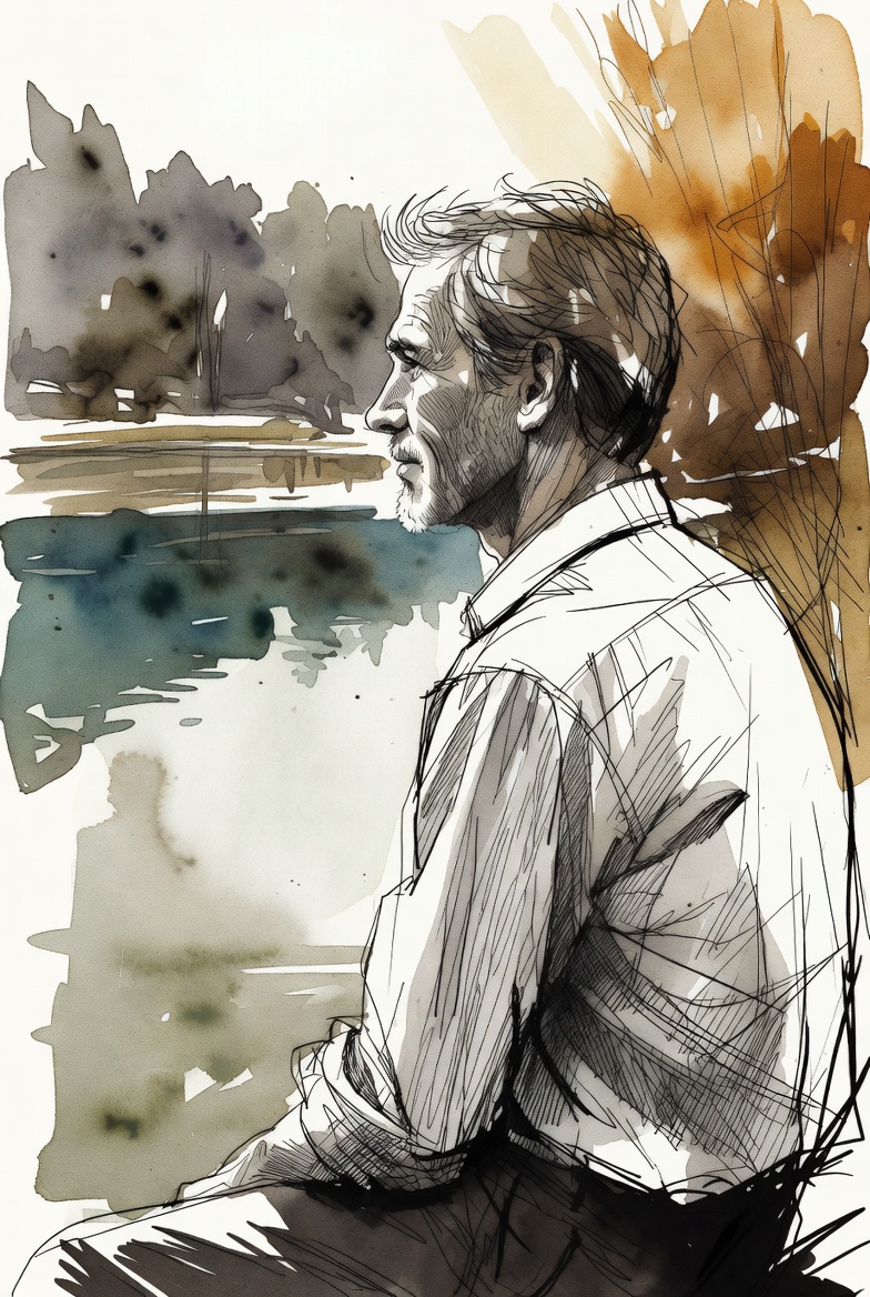 Ilustração de homem em momento de reflexão junto a um lago — síndrome do impostor