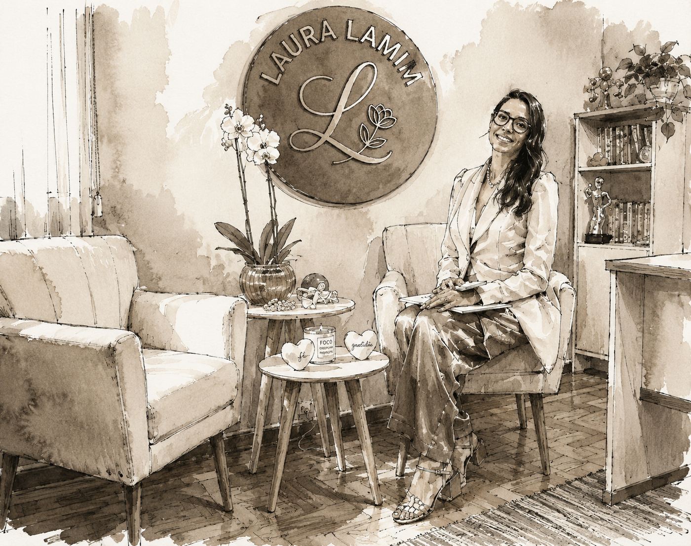 Ilustração do consultório de Laura Lamim com cadeira vazia aguardando o paciente